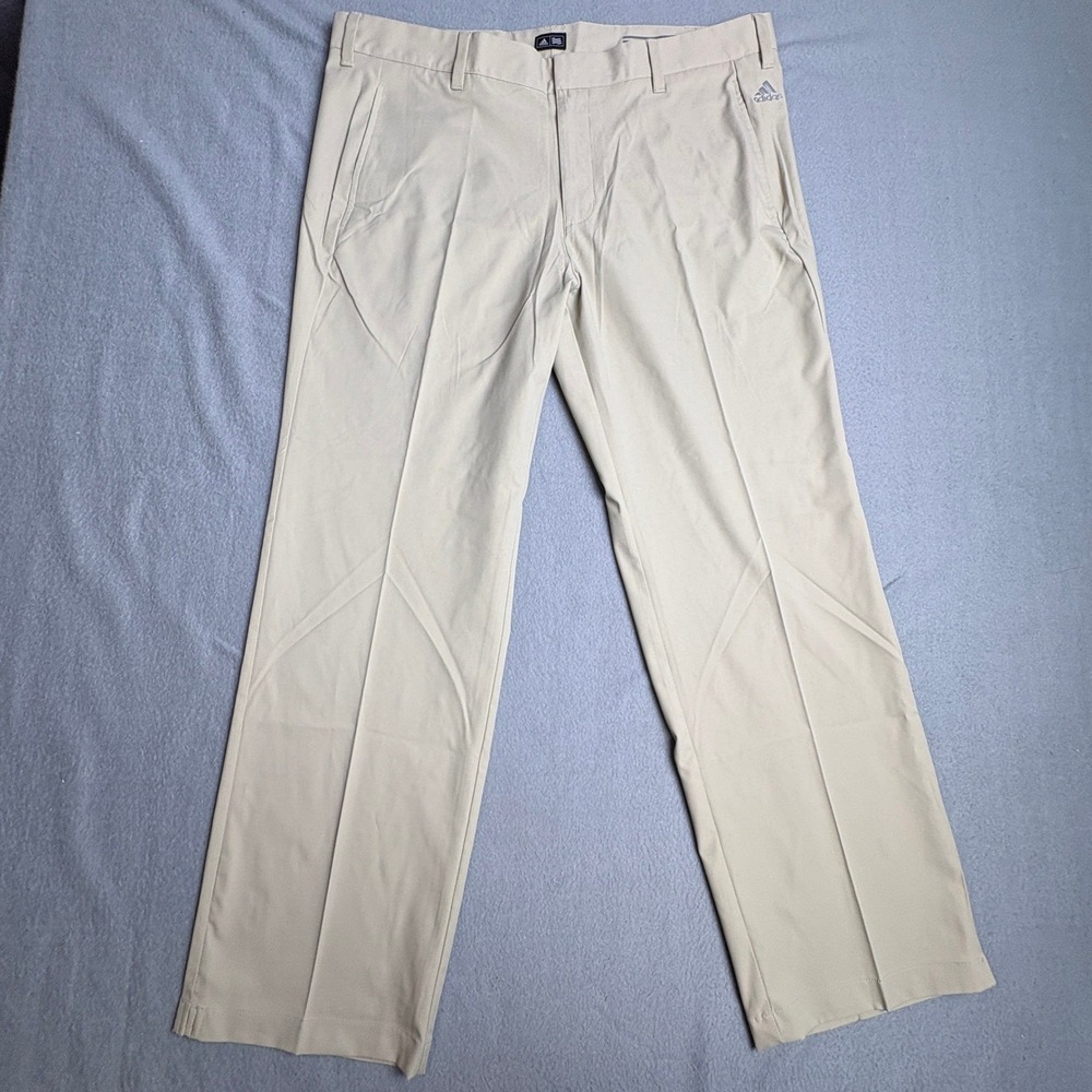 Adidas Golf Pants Mens 38x30 Khaki Tan Flat Front Performance Trousers Logo